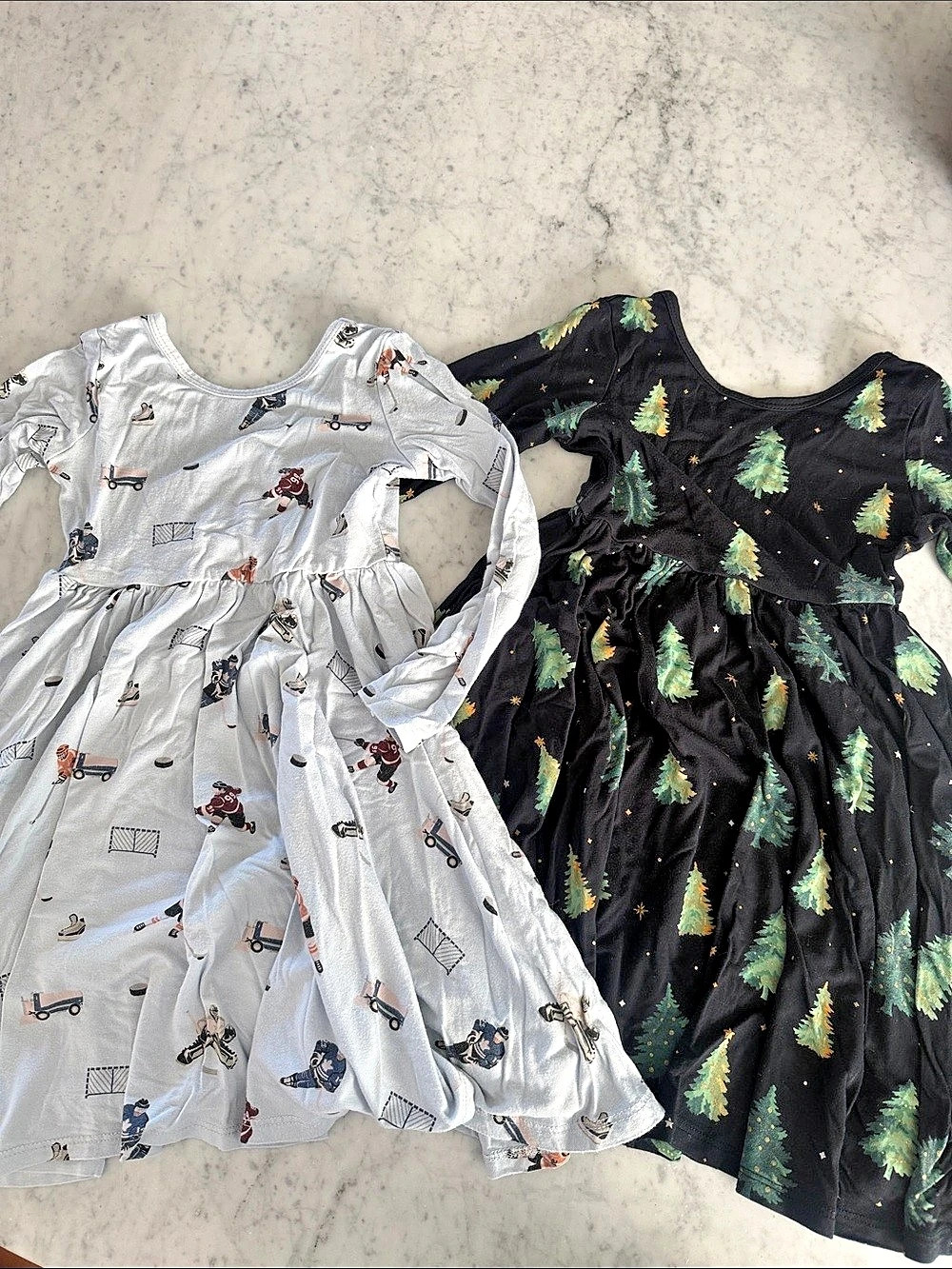 Kyte Baby Long Sleeve Toddler Twirl Dress Bundle Holiday Trees & Hockey 4T